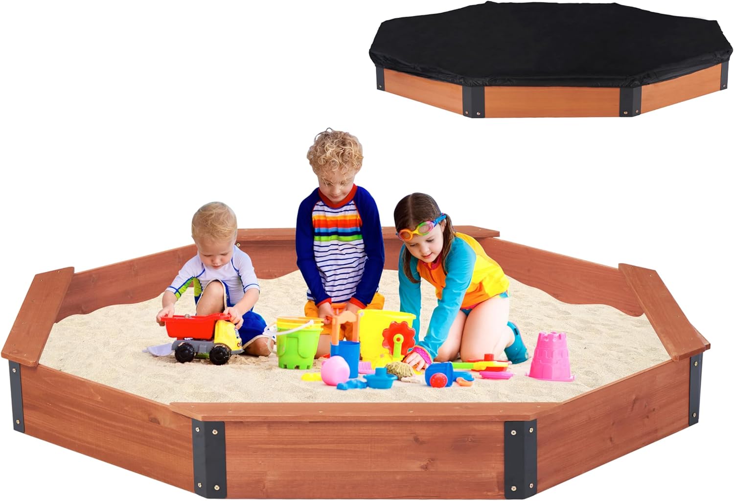 Large Octagon Sandbox for Kids with Cover and Benches - 85x78x9