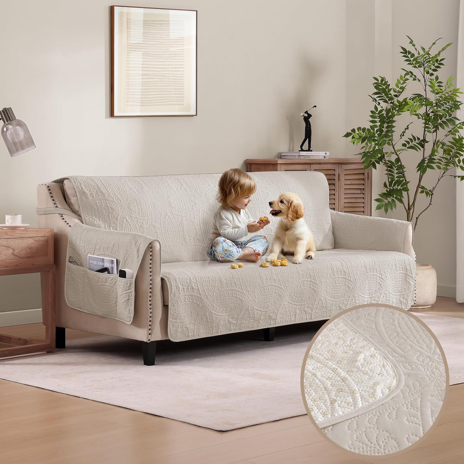 Quilted Beige Grand Sofa Couch Covers for Large Sofas 88in