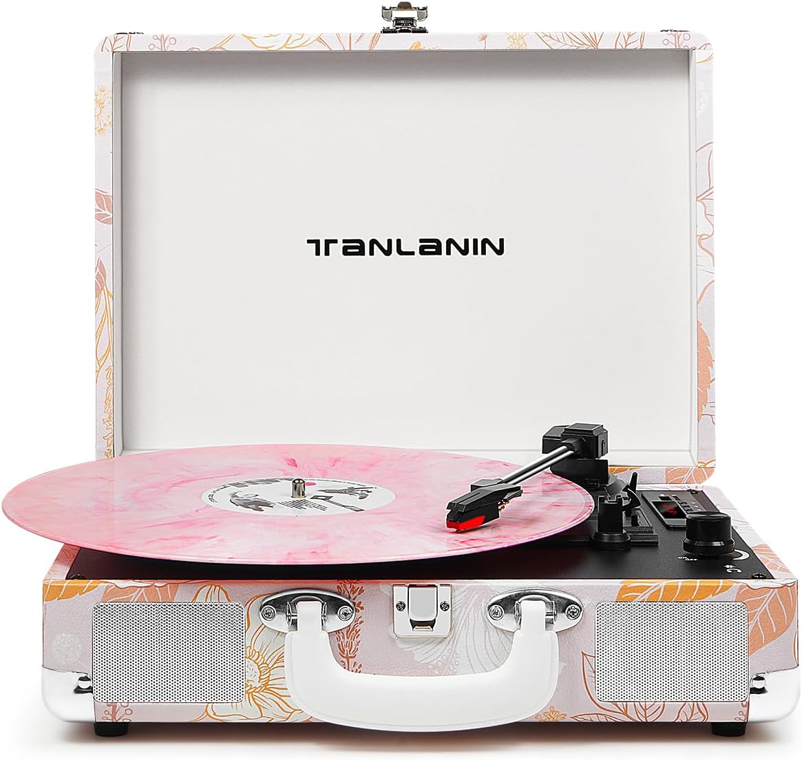 Pink Floral Vinyl Record Player with Bluetooth & USB Recording
