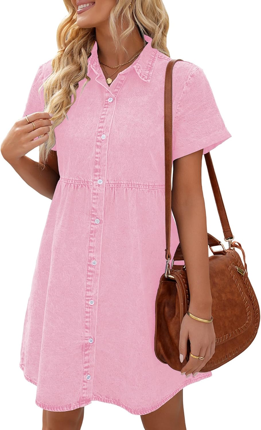 Stylish LookbookStore Women's Short Sleeve Denim Babydoll Dress