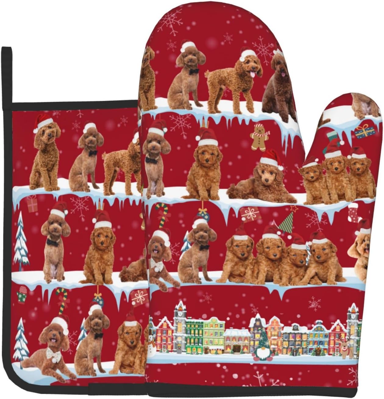 Cute Poodle Xmas Oven Mitt Set - Non-Slip & Heat Resistant