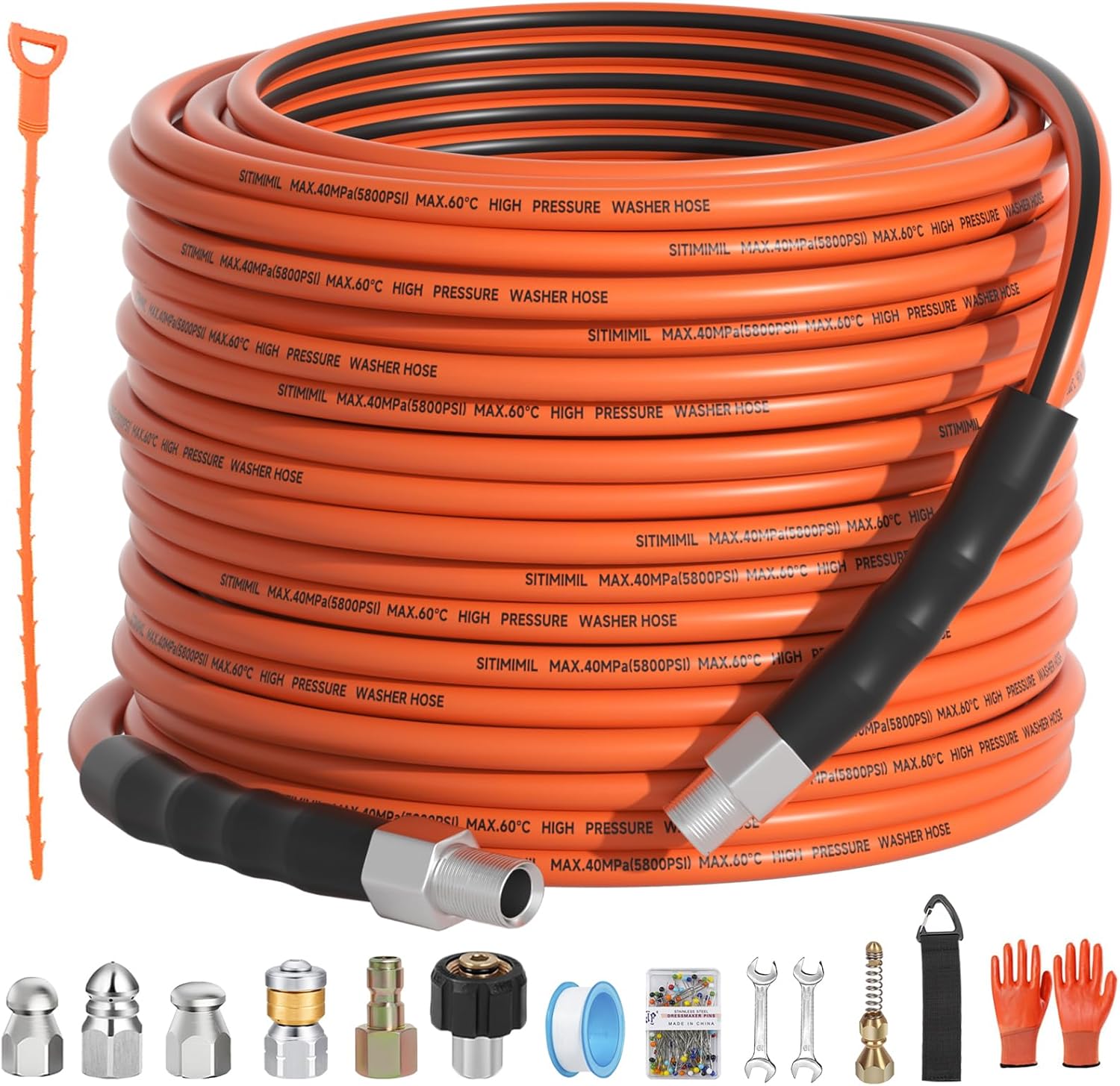 Sewer Jetter Kit for Pressure Washer 100FT with 5 Nozzles