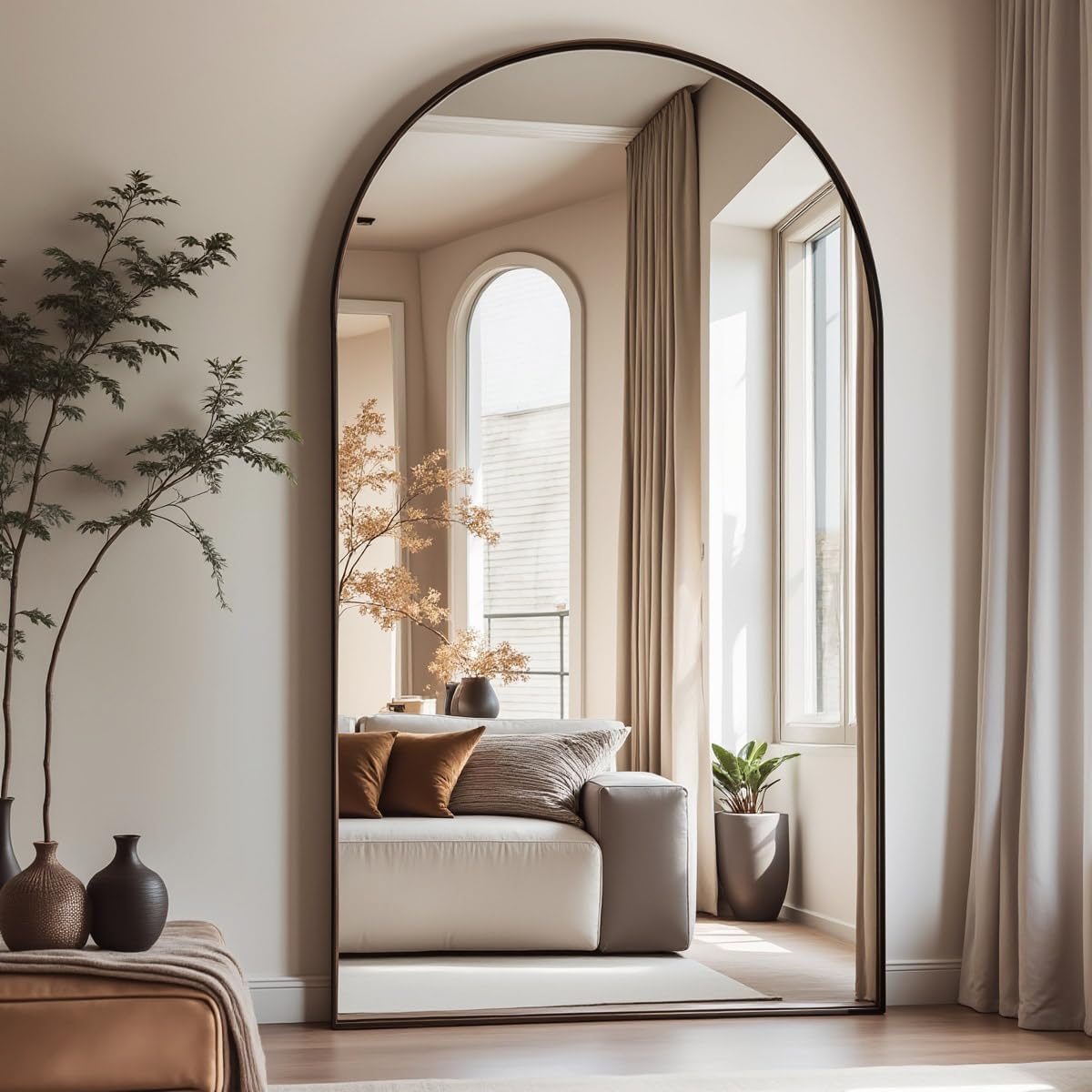 76in Black Arched Floor Mirror with Reinforced Base & Safety Glass