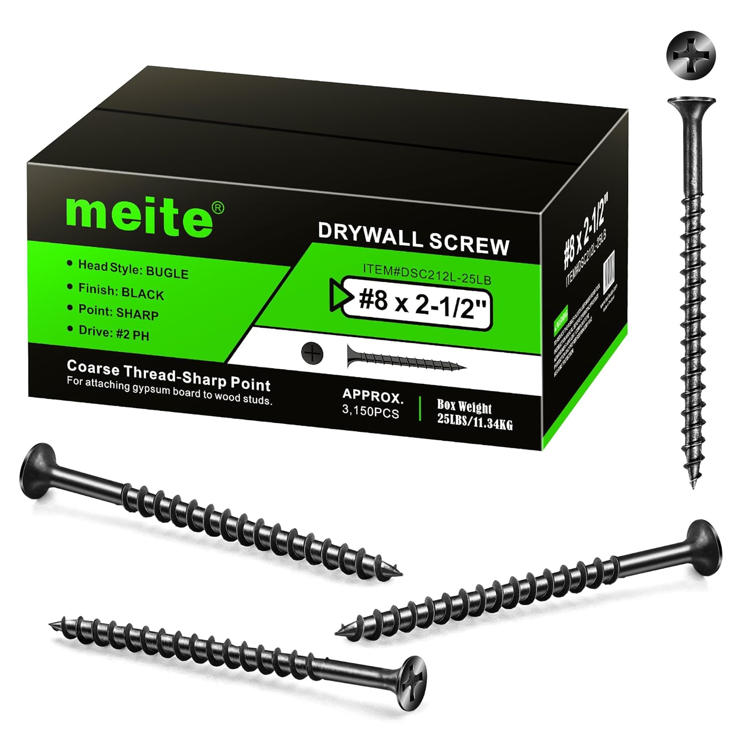 meite Drywall Screws #8 x 2-1/2in for Wood and Drywall Projects