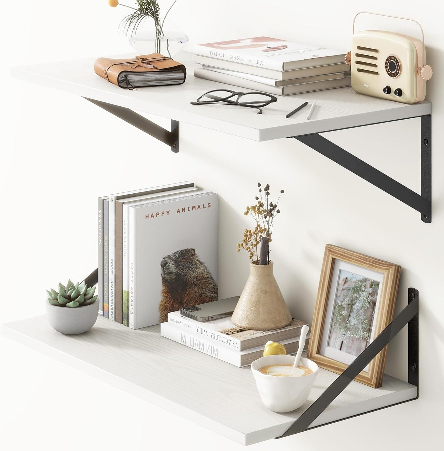 Deep Floating Shelves for Wall, Rustic White Wooden Display Shelf