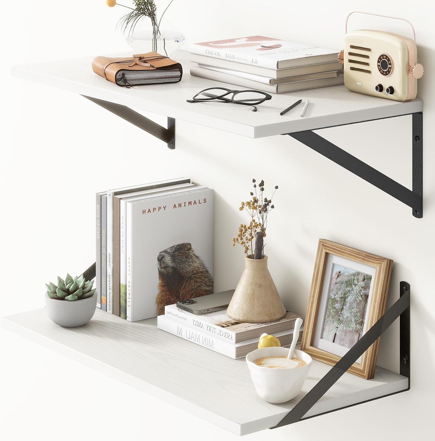 Deep Floating Shelves for Wall, Rustic White Wooden Display Shelf