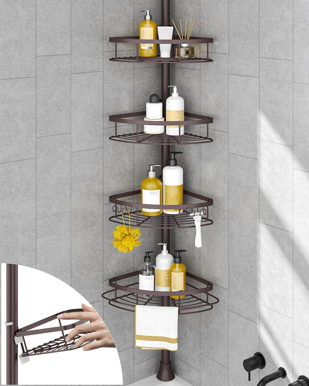 Rustproof Shower Corner Caddy Organizer with Tension Pole Design