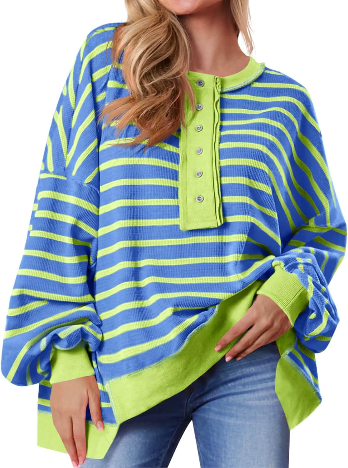 Oversized Striped Sweatshirts for Women - Stylish Henley Tops