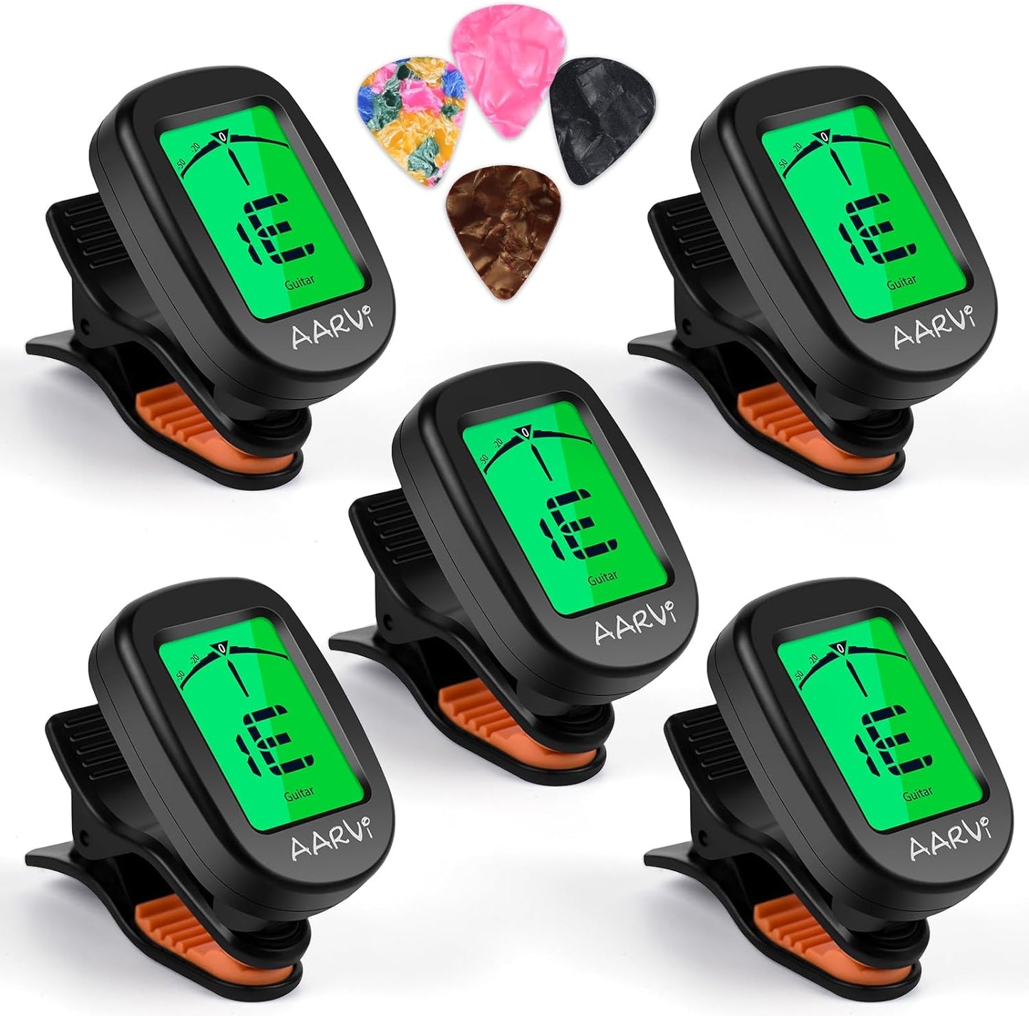 AARVI Clip-On Tuner 5 Pack + 20 Picks - Clear Display