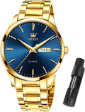 Gold Watches for Men with White Blue Green Dial - Classic Dress Watch
