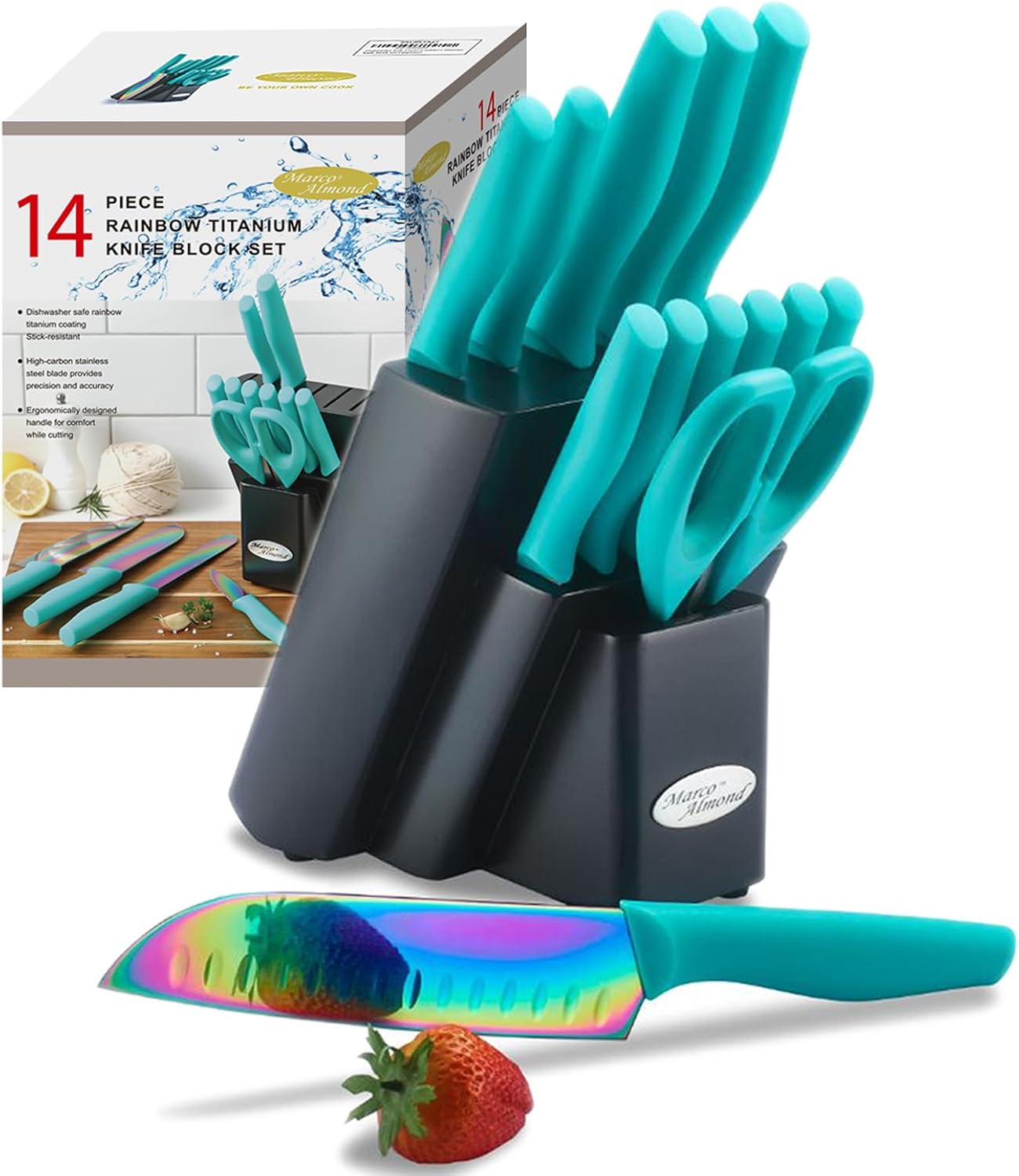 Marco Almond 14 Piece Rainbow Color Knife Block Set for Kitchen