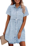 GRAPENT Denim Dress Babydoll Tiered Short Sleeve Button Down Casual