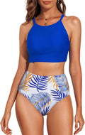 Herseas Women's High Neck Tropical Leaf Print High Waisted Bikini