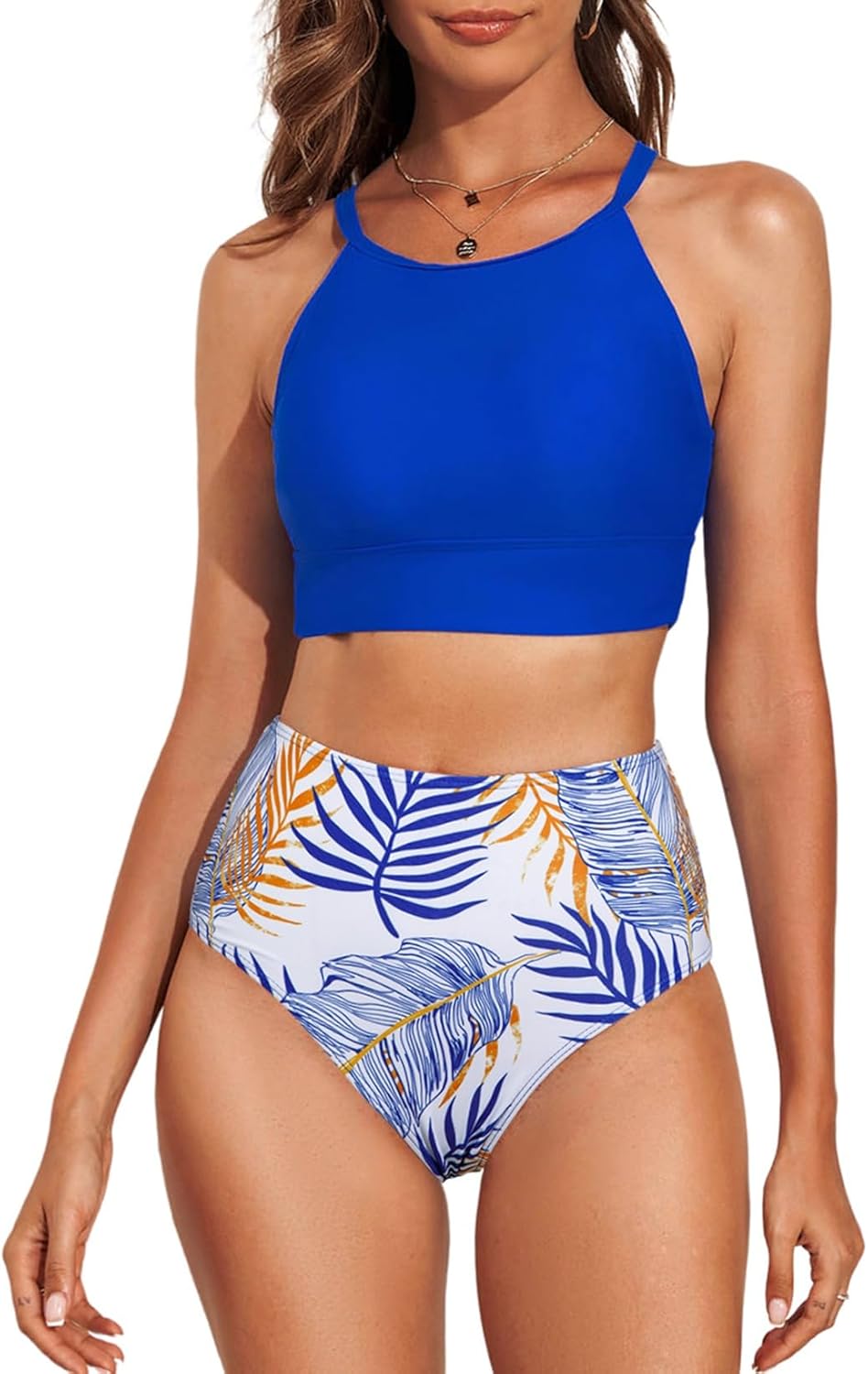 Herseas Women's High Neck Tropical Leaf Print Bikini Set