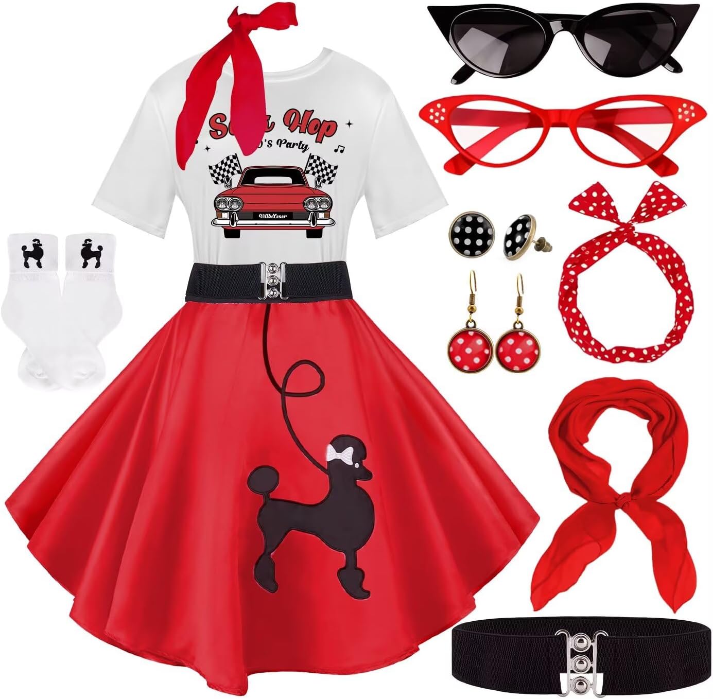 10Pcs Sock Hop Outfits Women with 50s Accessories for Fun