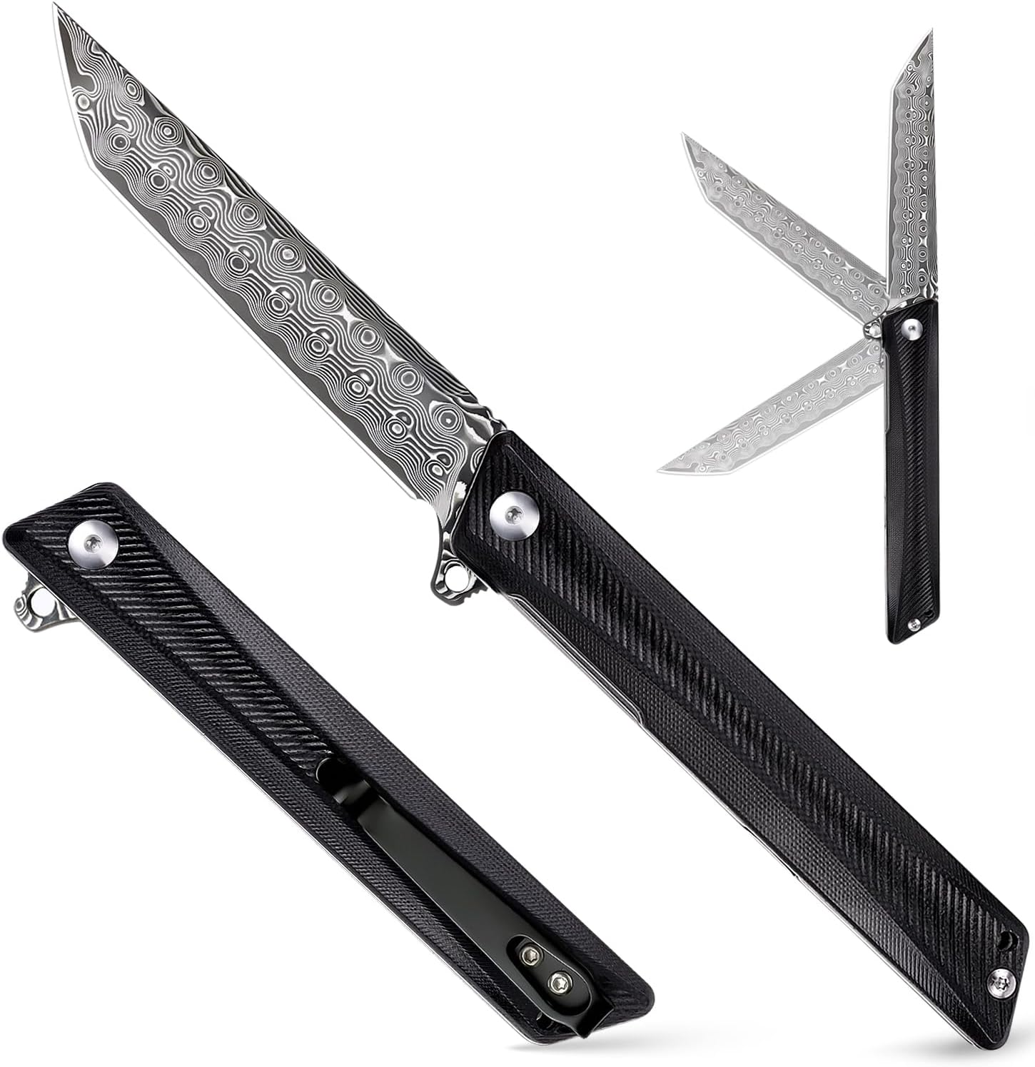Damascus Pocket Knife GD22K: Flipper Open Tanto Blade EDC Tool