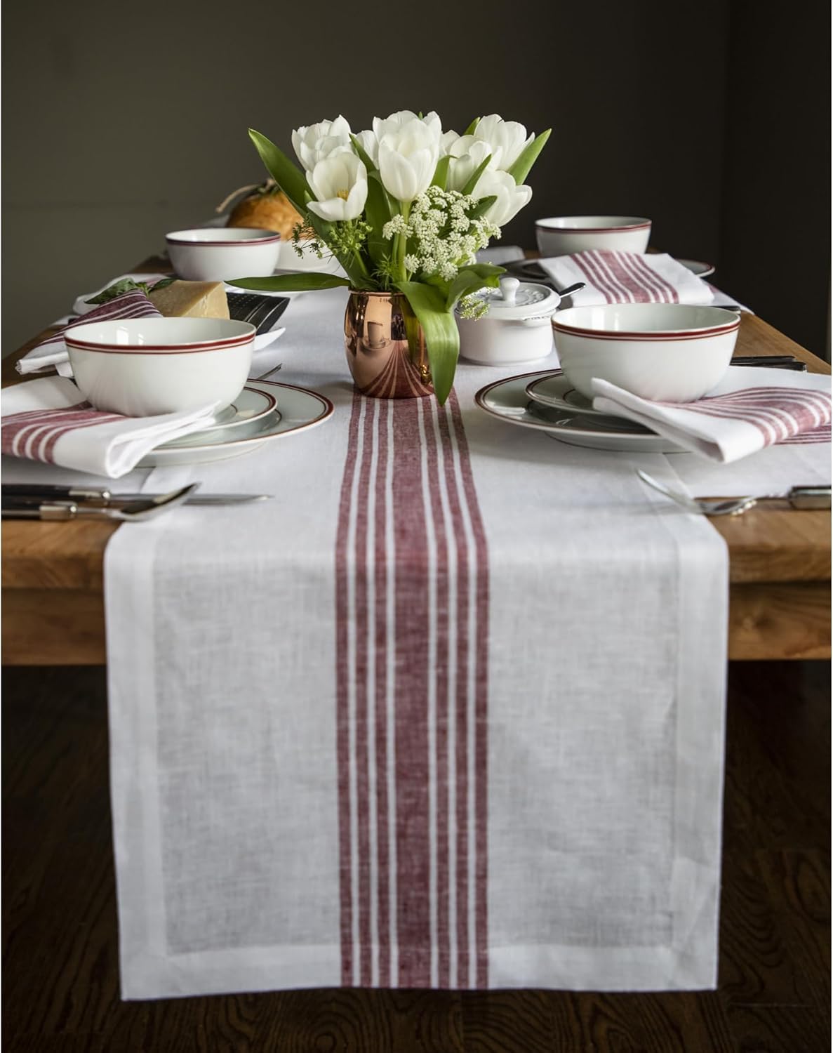 Pure Linen Burgundy and White Table Runner for Stylish Decor
