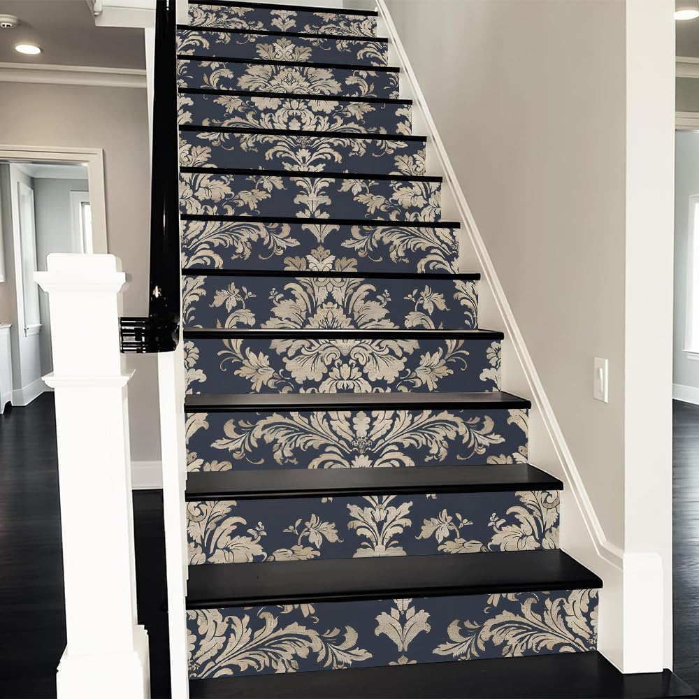 Vintage Dark Navy Damask Flower Peel and Stick Stair Riser Decals