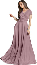 Dusty Pink Womens Cap Sleeve V-Neck Flowy Maxi Dress - Modest Fit