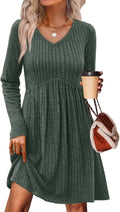 OFEEFAN Long Sleeve Sweater Dress V Neck Baby Doll - Flowy Fall