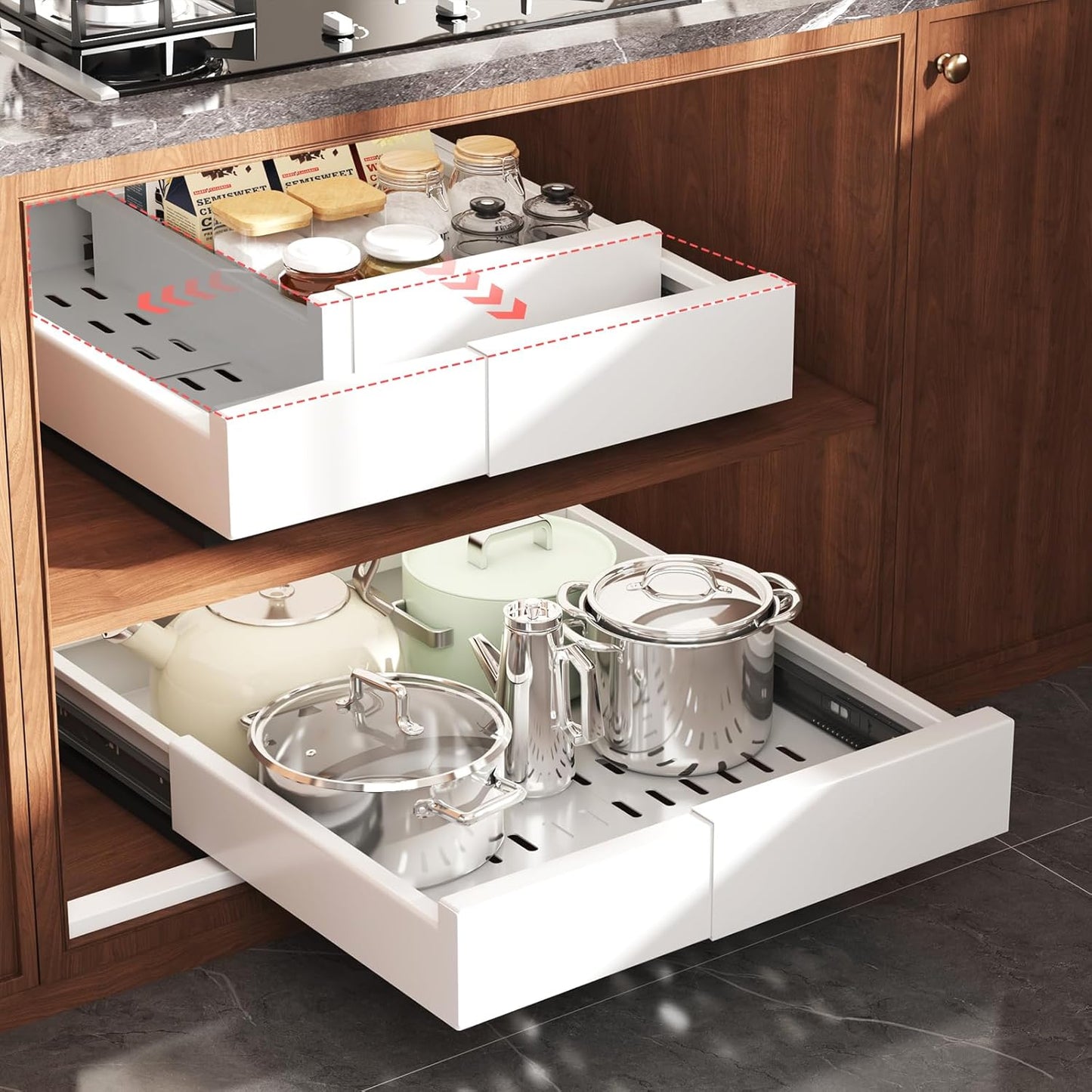 Pull Out Cabinet Organizer with Expandable Width and Depth