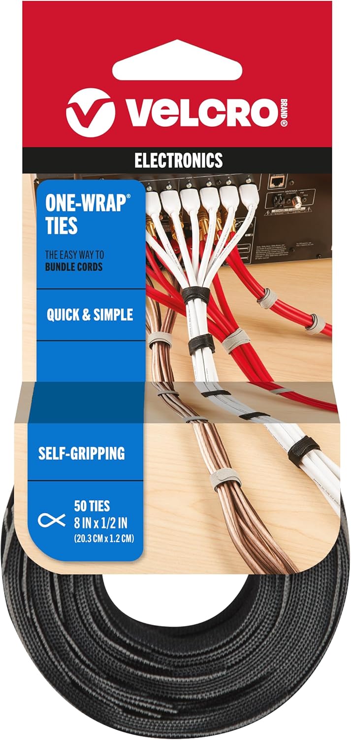 Strong & Reusable VELCRO Cable Ties | 50 Pack | Black & Gray