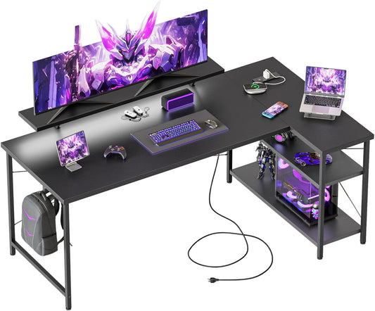 L Shaped Computer Desk with Power Outlets for Small Spaces