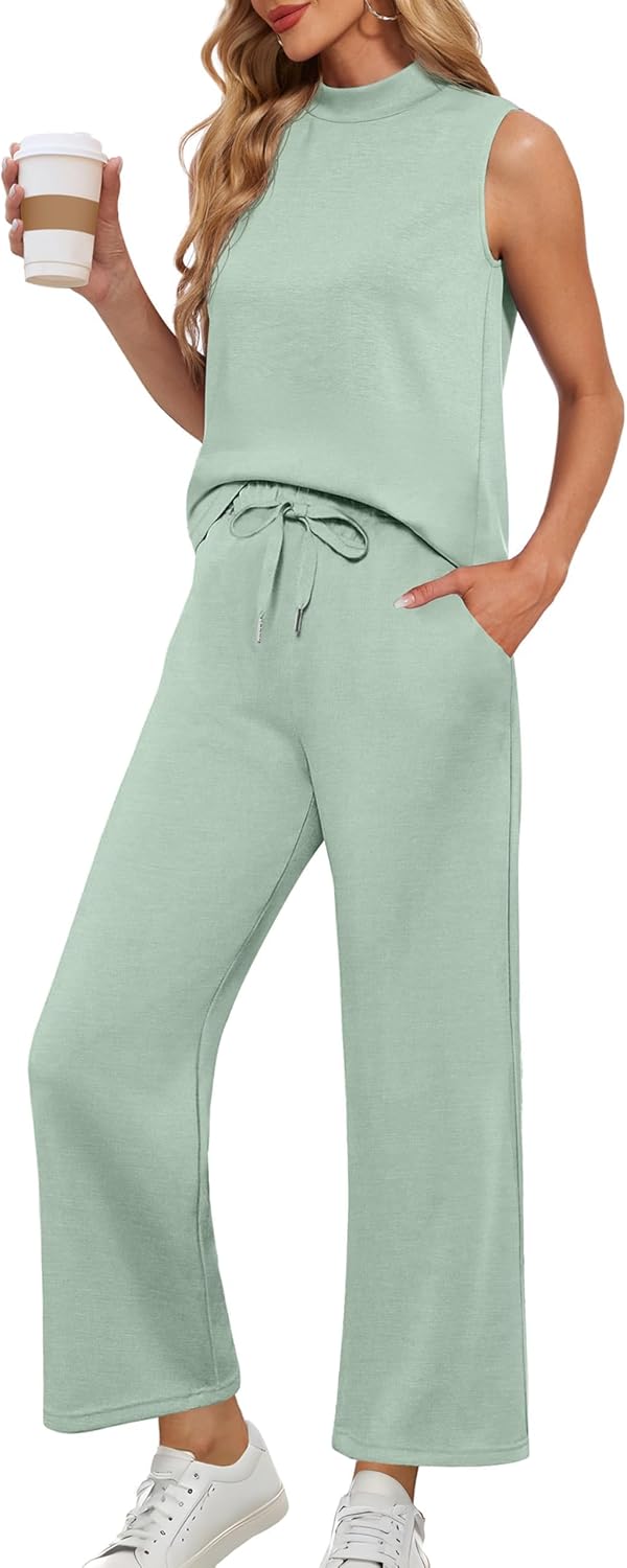 Lepunuo Two Piece Sets for Women Summer Mock Neck Lounge Wear