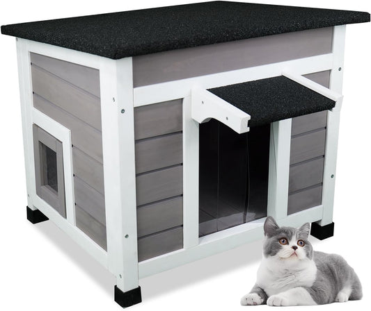 All-Weather Wooden Cat House with Openable Roof for Feral Cats