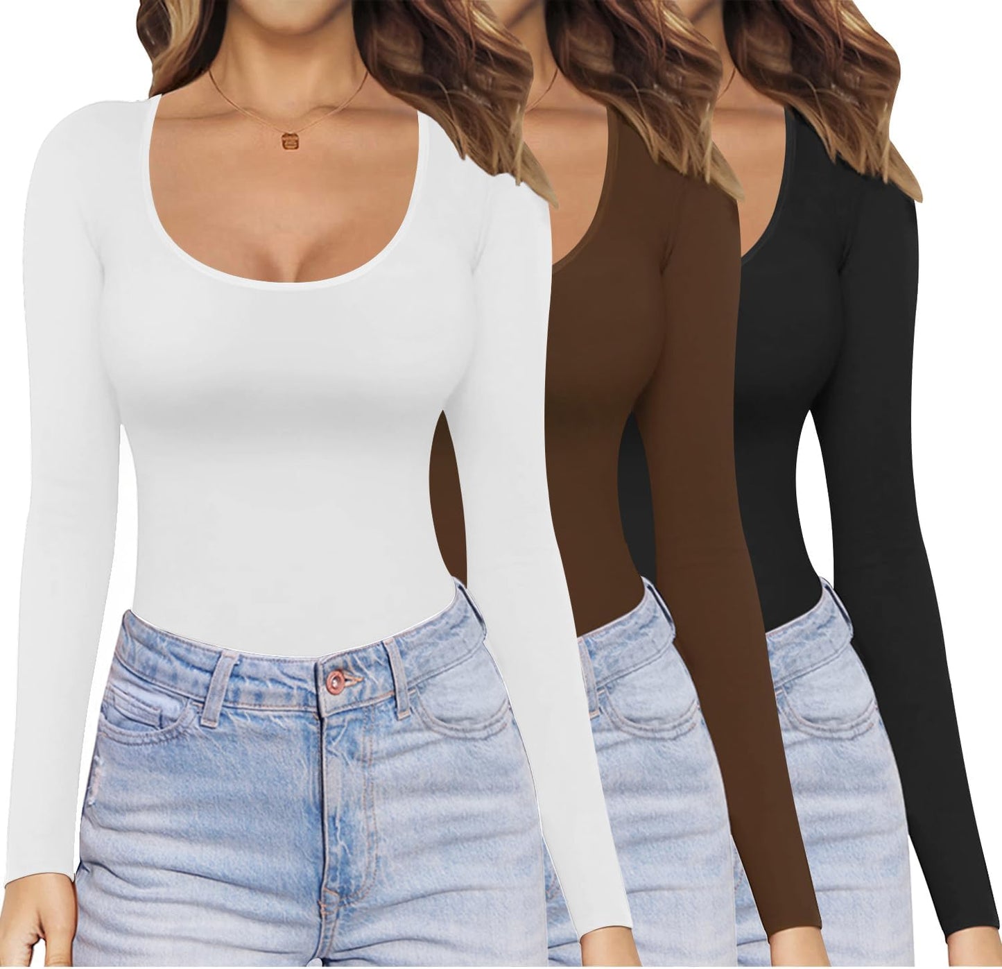 Ekouaer Womens Long Sleeve Scoop Neck Tops 3 Pack for All Seasons