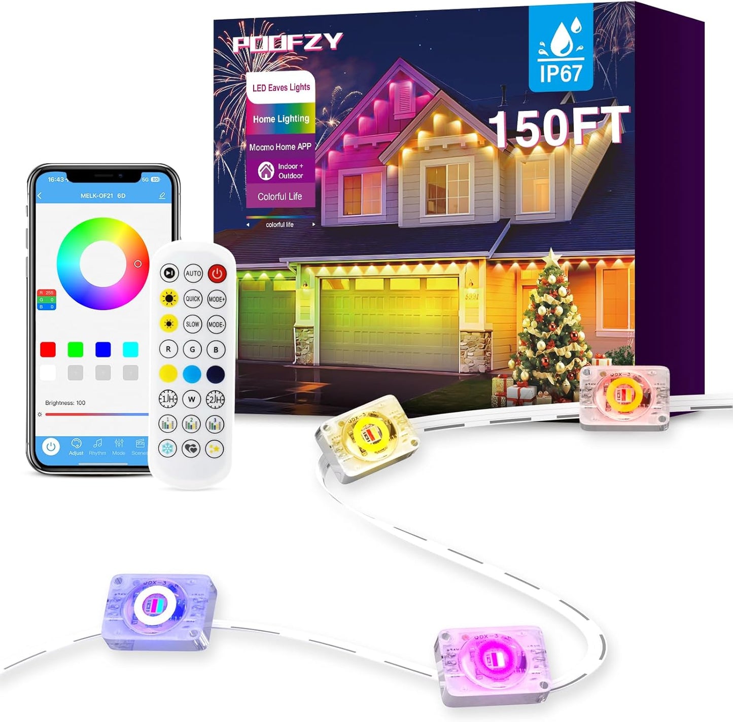 POOFZY Permanent Outdoor Lights for House - 150ft RGB+IC Decor