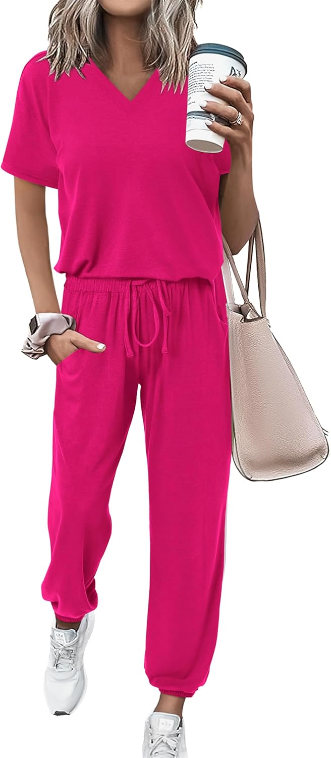 Summer Casual V Neck Jogger Set for Women with Pockets