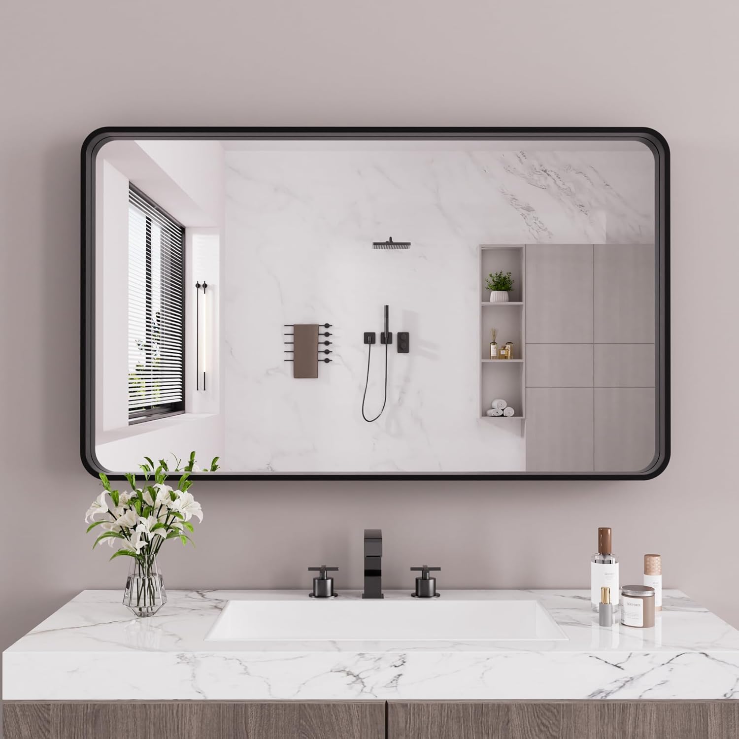 Black Bathroom Mirror 60X40 Inch with Rounded Rectangle Design
