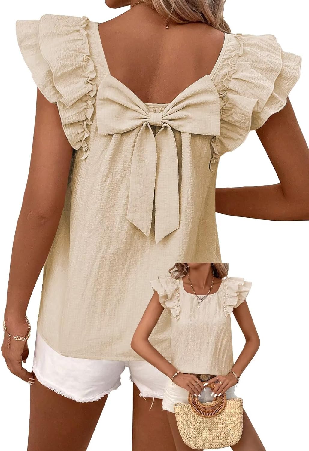 Womens Bow Tie Back Tops with Ruffle Short Sleeves for Summer