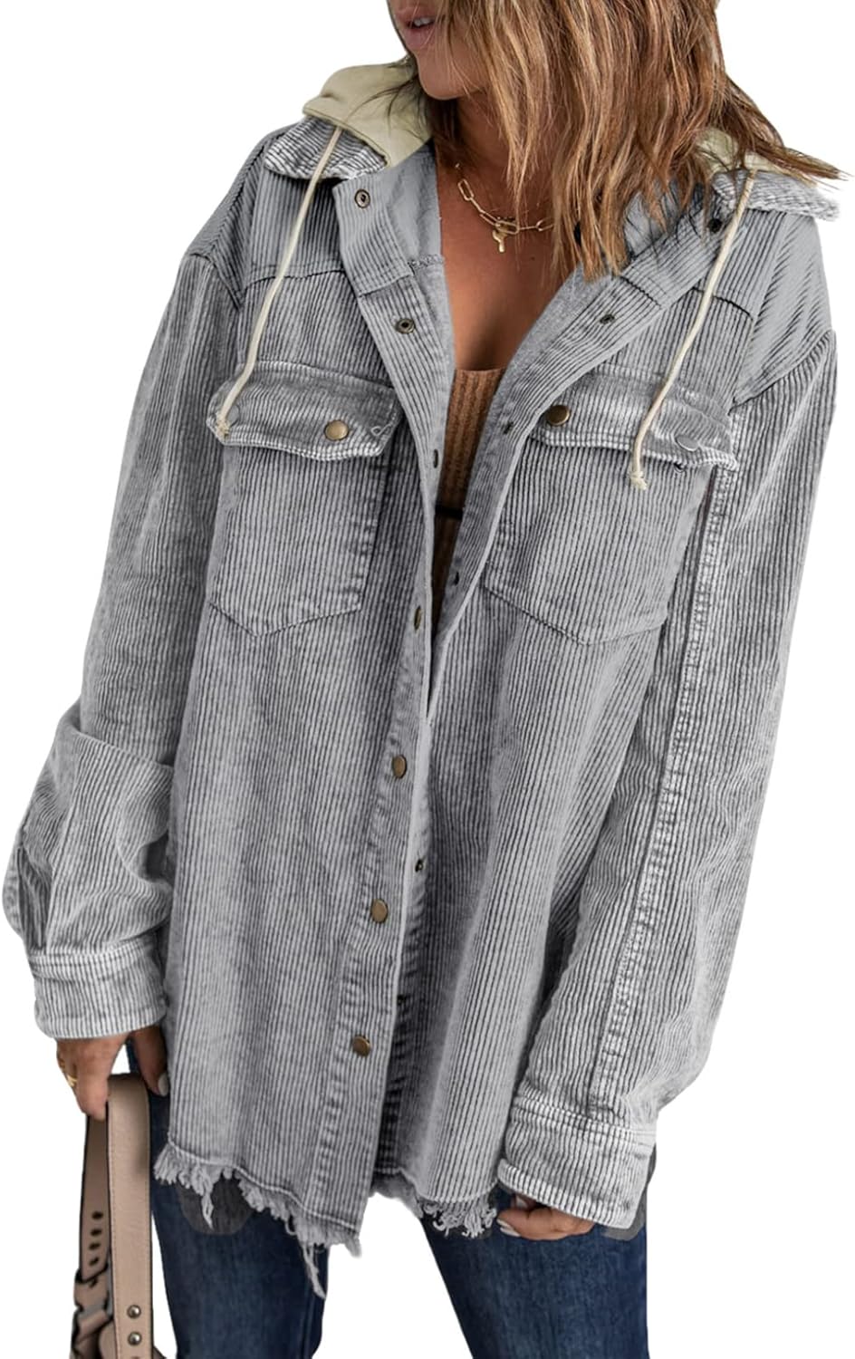 Dokotoo Womens Fall Corduroy Shacket Jacket with Hood and Pockets