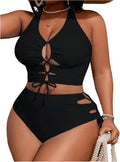 Plus Size Lace Up High Waist Bikini Set - Tummy Control Swimwear