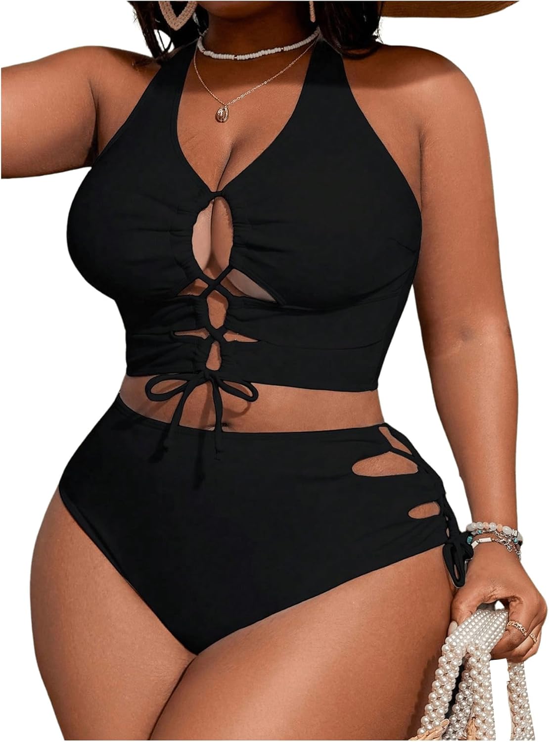 Plus Size Lace Up High Waist Bikini Set for Women - Tummy Control