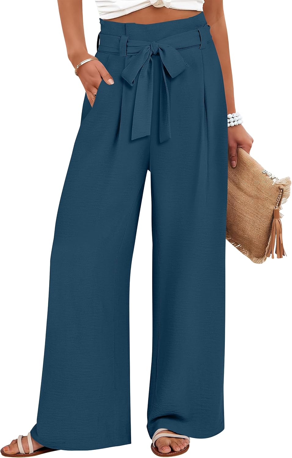 Womens Wide Leg Palazzo Pants with Belted High Waist Design