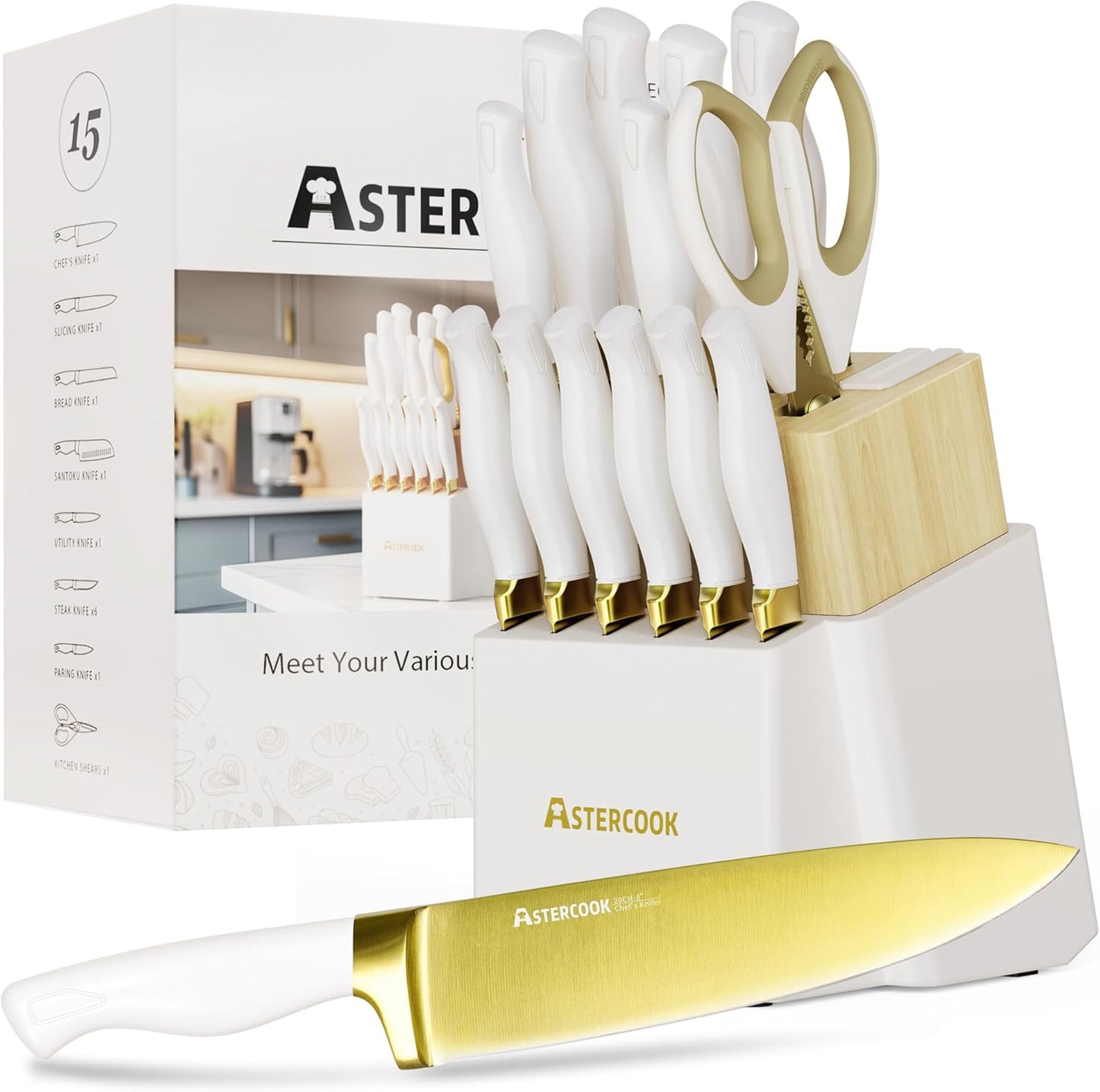Astercook 15 Pieces Knife Set with Gold Titanium Coating