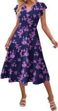 Womens Ruffle Sleeve V Neck Midi Dress - Flowy Boho Sundress
