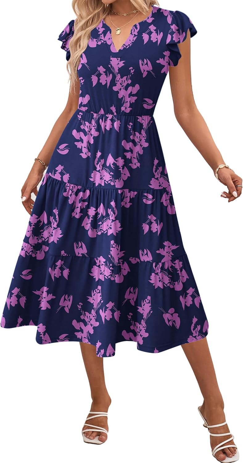 Womens Summer Casual Dresses with Ruffle Sleeves and Pockets