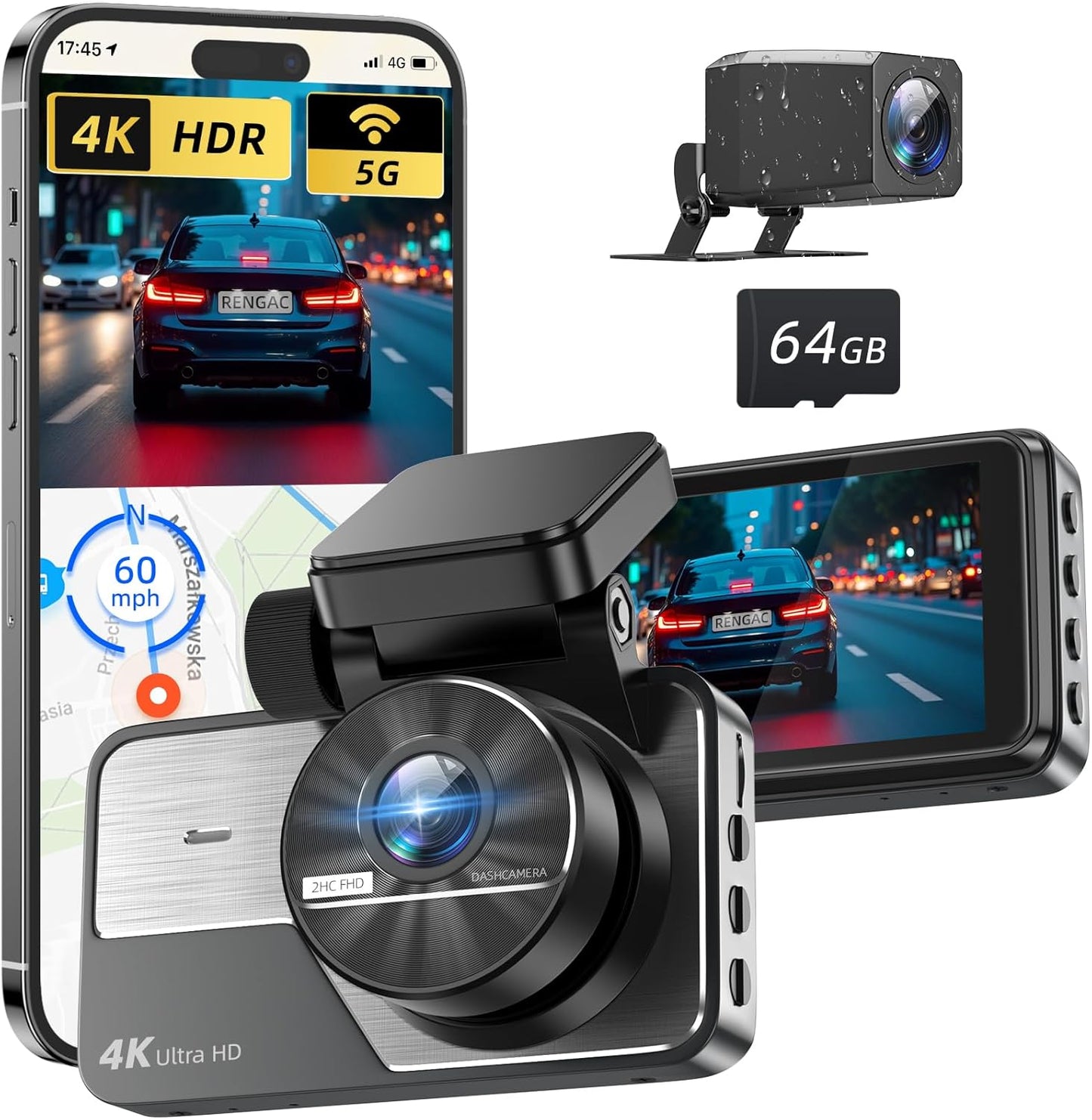 RENGAC Dual Dash Cam: 4K+2K Full HD, 5G WiFi, GPS, Night Vision