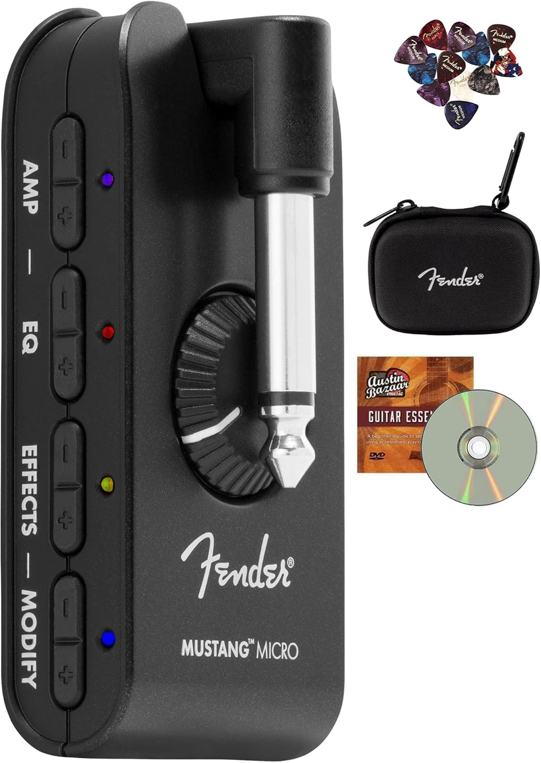 Fender Mustang Micro Amp Bundle with Picks and Instructional DVD