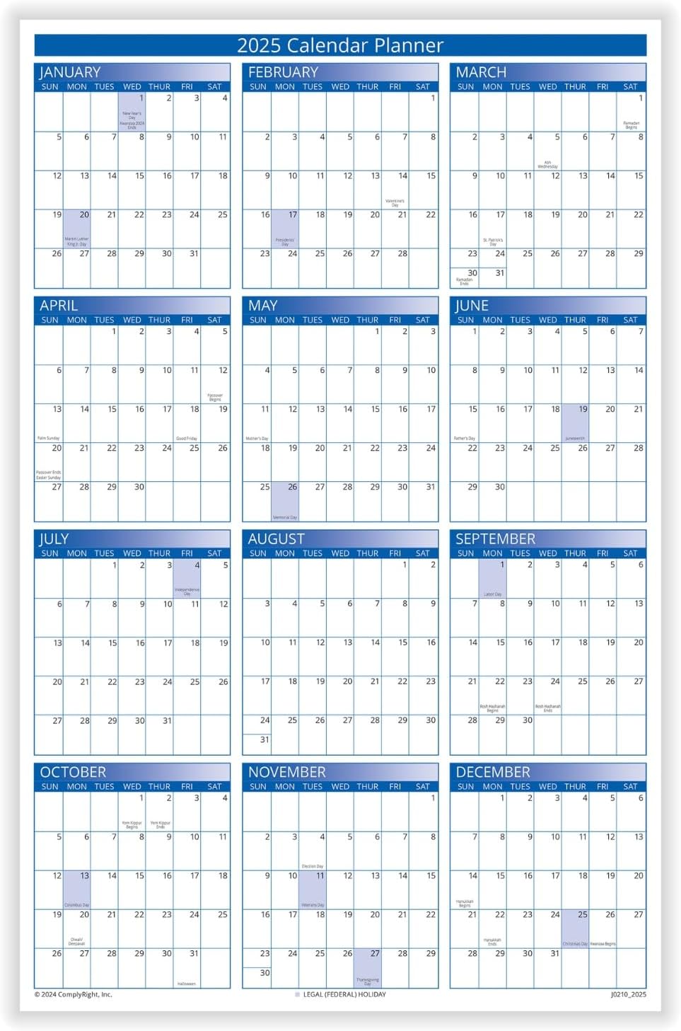 2025 Desk Calendar Planner - Large 11x17 Size, Double-Sided - ComplyRight