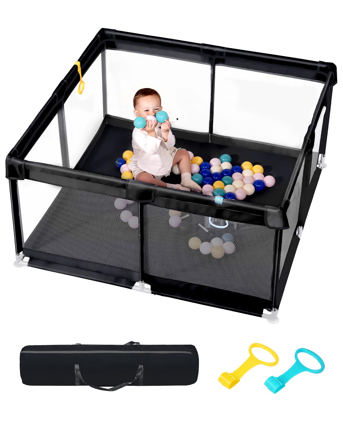 Upgraded Baby Playard with Gate, Anti-Slip Base & Soft Mesh Sides