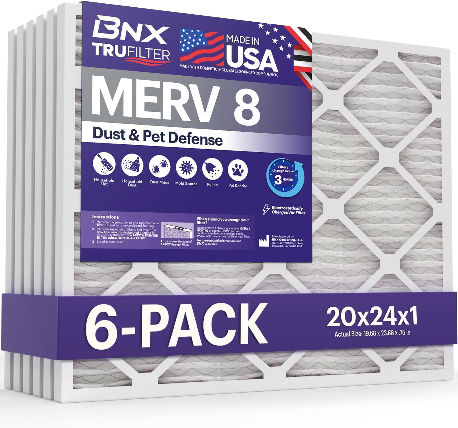 BNX TruFilter 20x24x1 Air Filter MERV 8 for Dust & Pet Defense