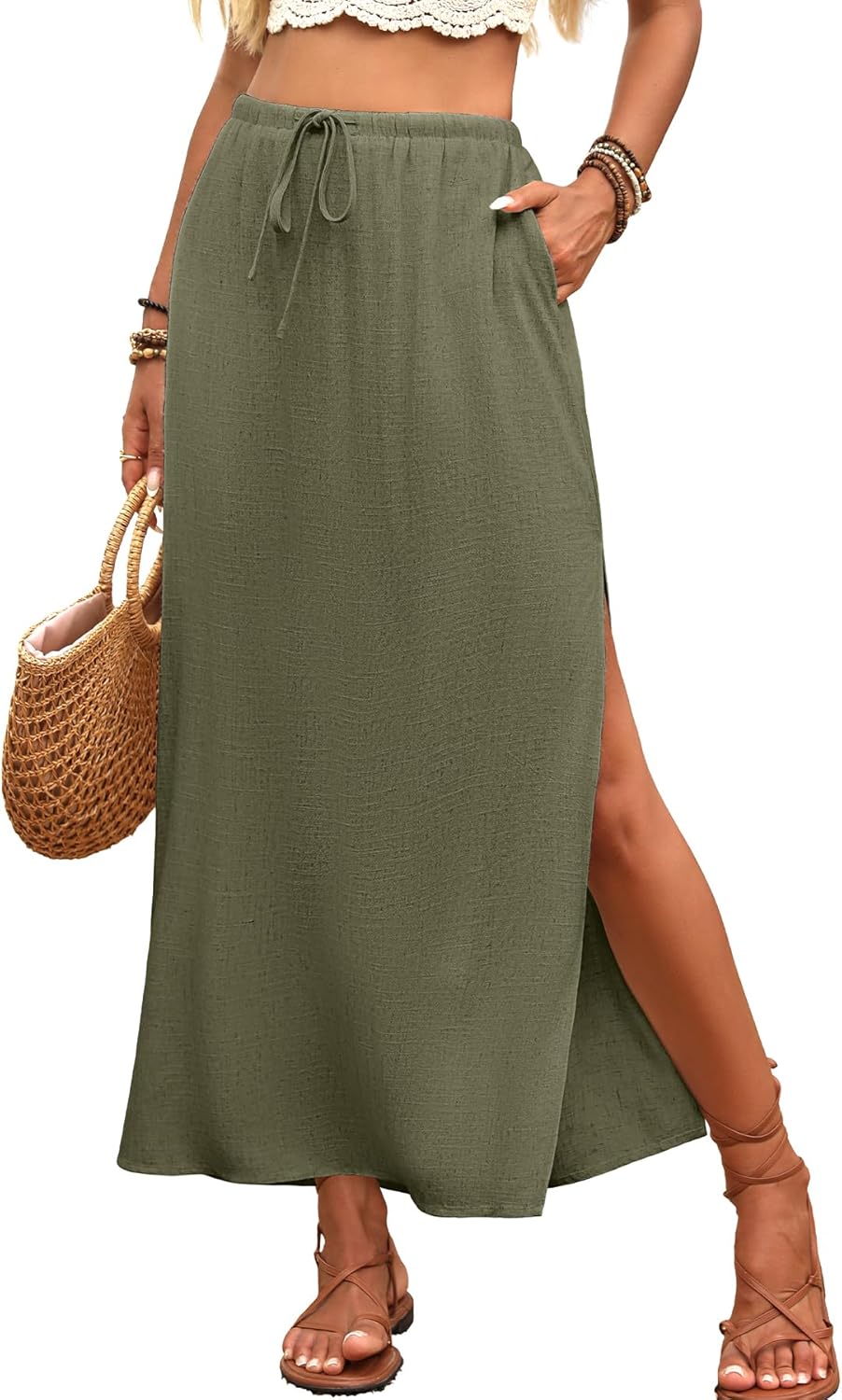 ELLEVEN Linen Maxi Skirt with Side Slit and Pockets for Style