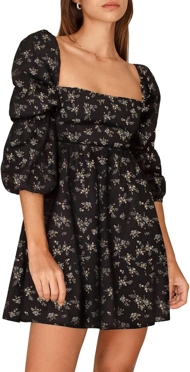 EXLURA Womens Square Neck Dress with Puff Sleeves for Elegance
