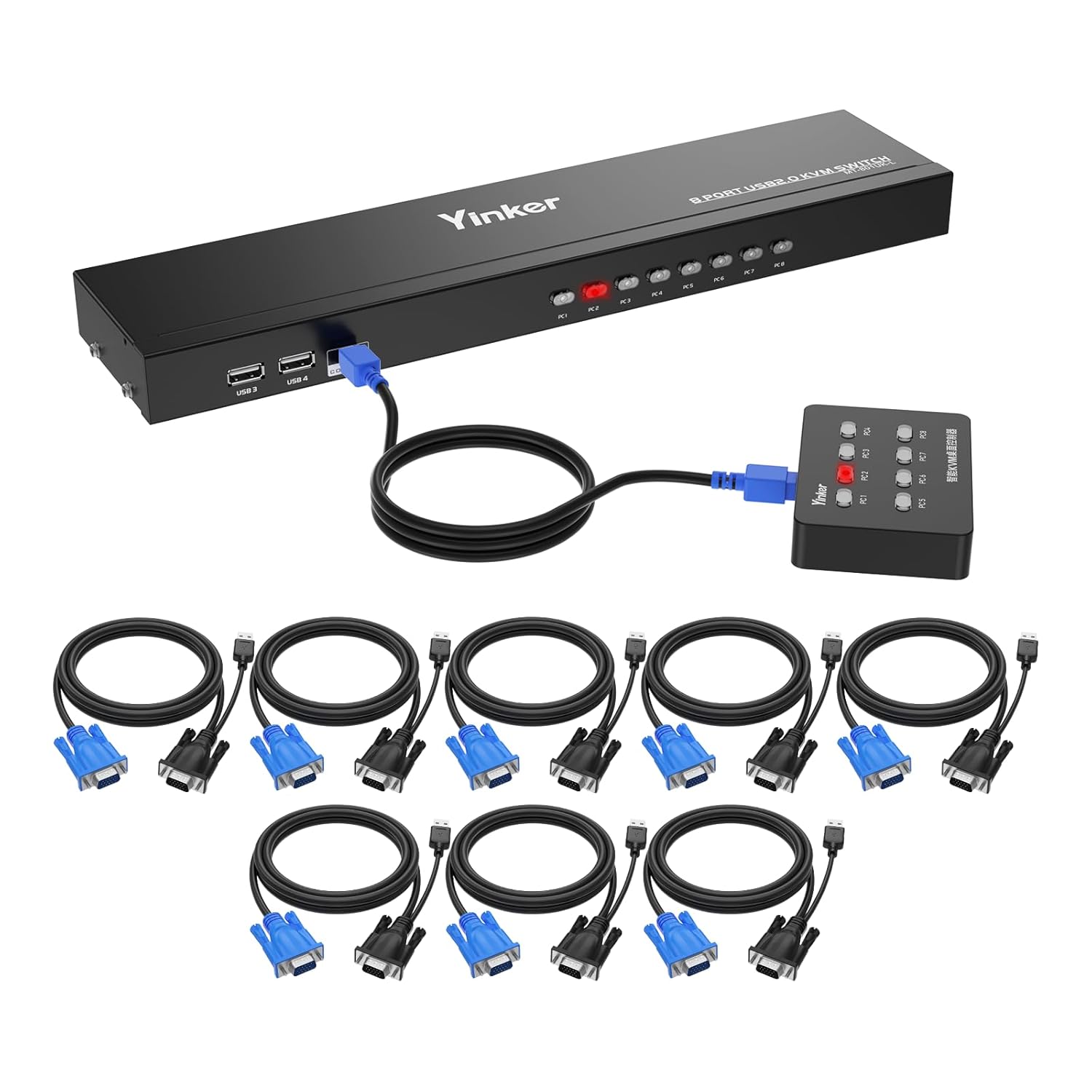 8 Port Rackmount VGA KVM Switch with USB Hubs and Selector