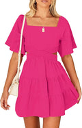 Women's Summer Square Neck Crossover Waist Mini Dress - Flowy Fit